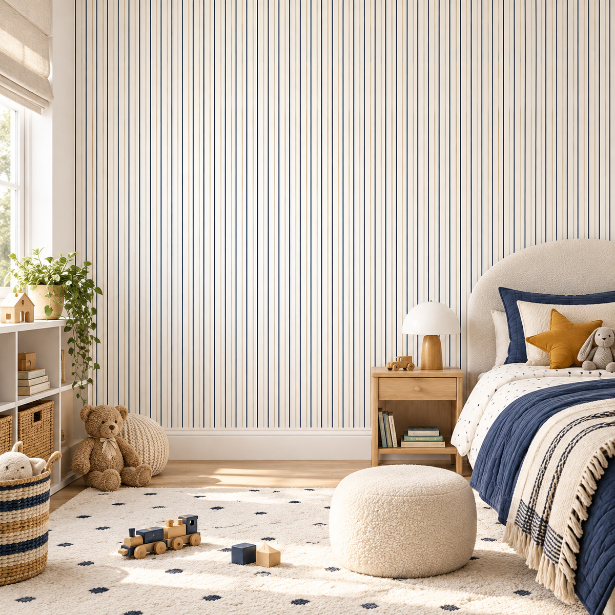 Classic Pinstripes peel and stick wallpaper styled on a feature wall