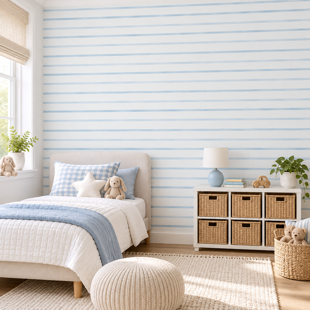 Coastal Stripe, peel and stick wallpaper styled on a feature wall