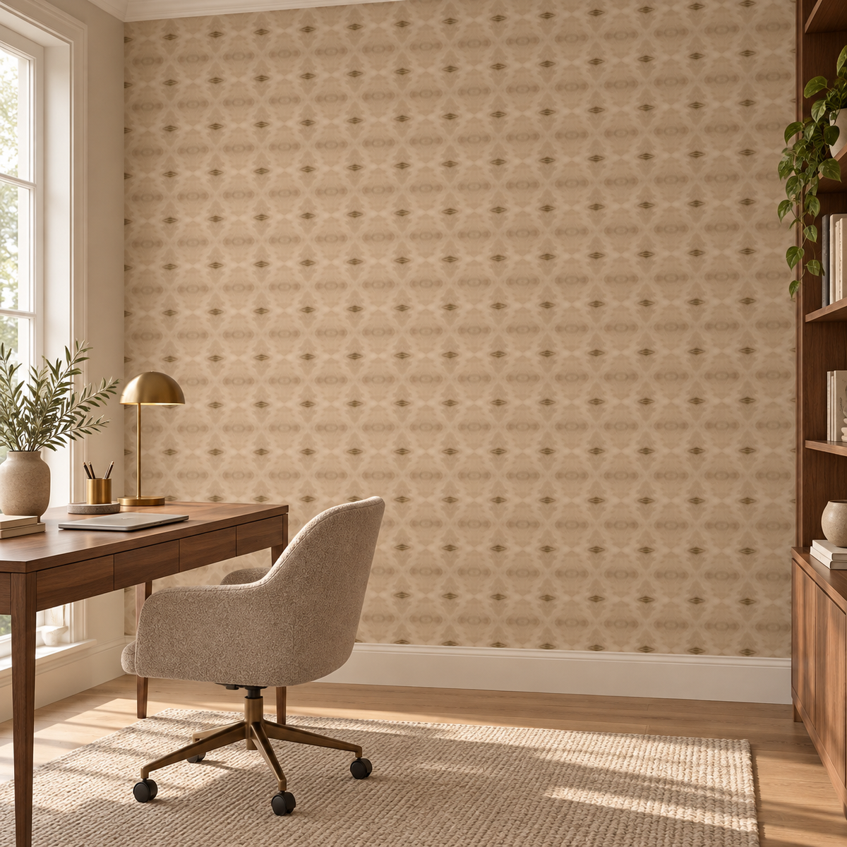 Studded Grid, peel and stick wallpaper styled on a feature wall