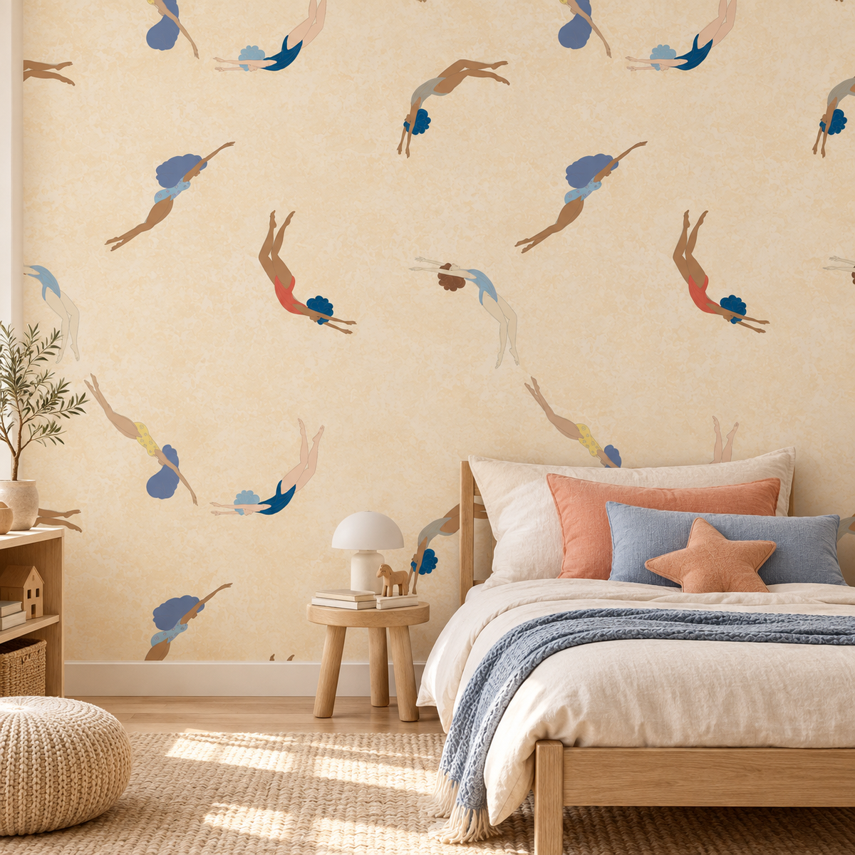 Summer Plunge in Peach Sand by Cat Bellini, peel and stick wallpaper styled on a feature wall