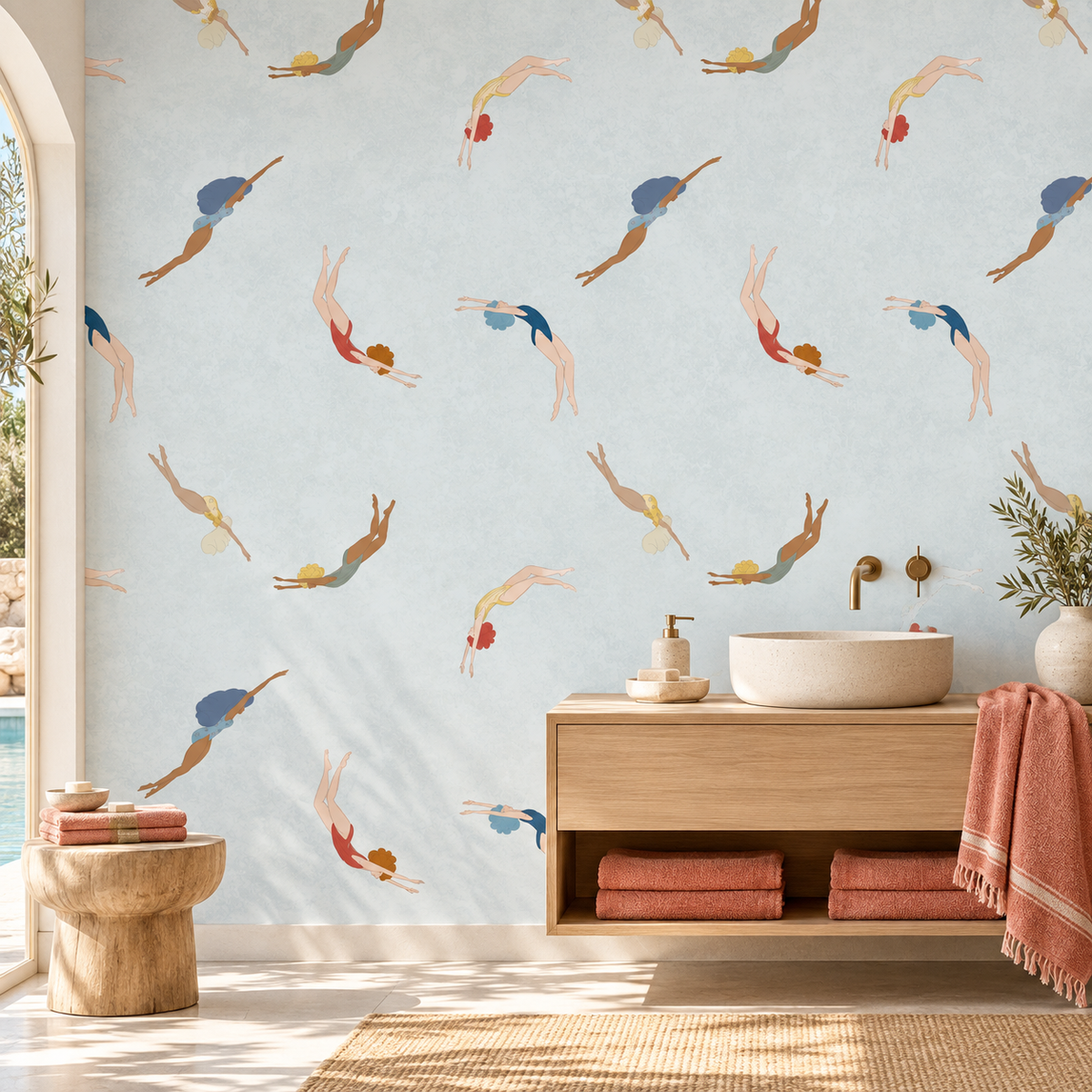 Summer Plunge in Sky Blue by Cat Bellini, peel and stick wallpaper styled on a feature wall