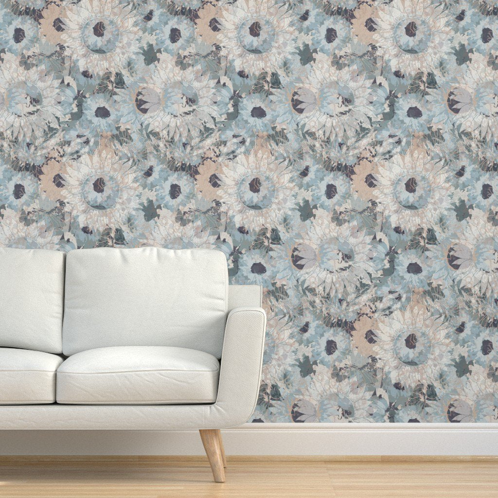 Sunflowers in Natural by De-Anne Strange, peel and stick wallpaper styled in a room