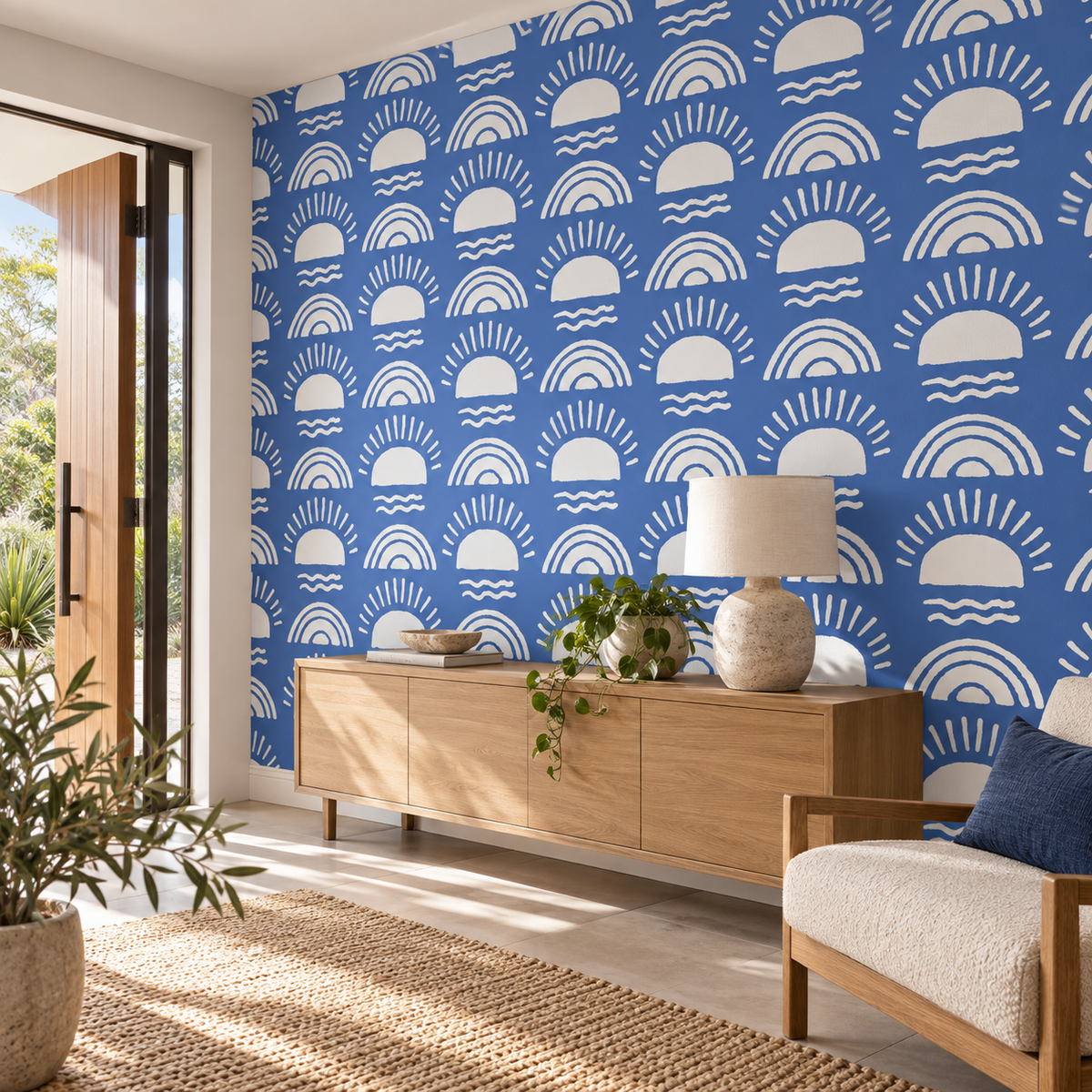 Sunrise Waves, peel and stick wallpaper styled on a feature wall