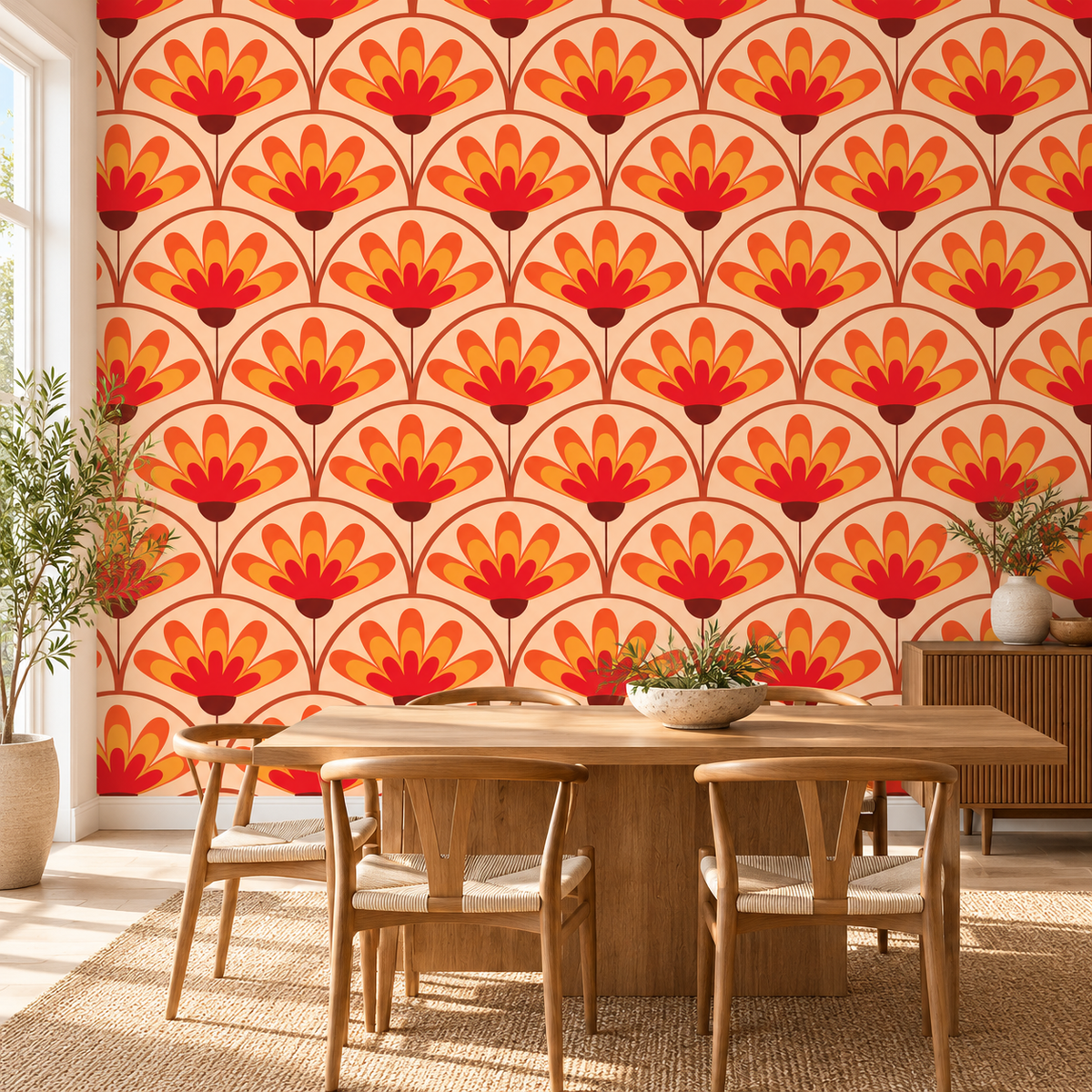 Sunset Blooms, peel and stick wallpaper styled on a feature wall