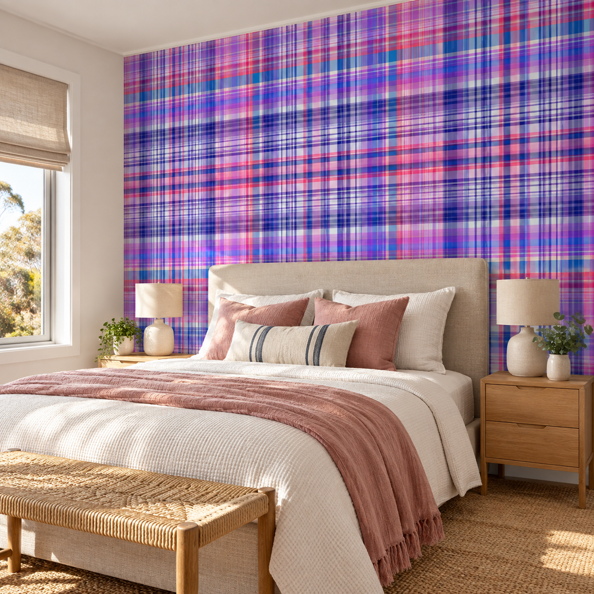 Sunset Tartan, peel and stick wallpaper styled on a feature wall