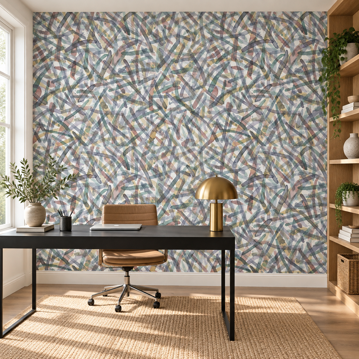 Tangled Strokes, peel and stick wallpaper styled on a feature wall