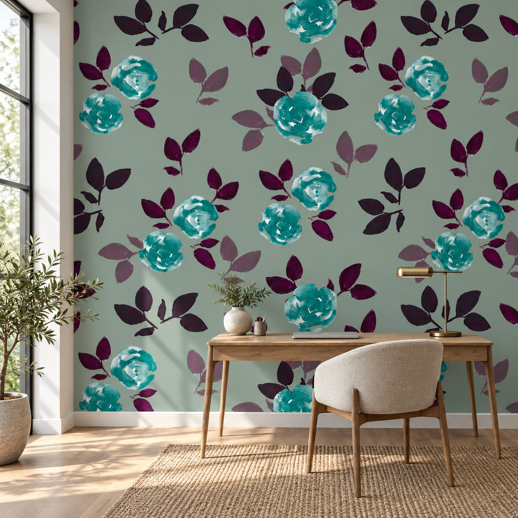 Teal Camellias, peel and stick wallpaper styled on a feature wall