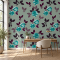 Teal Camellias, peel and stick wallpaper styled on a feature wall