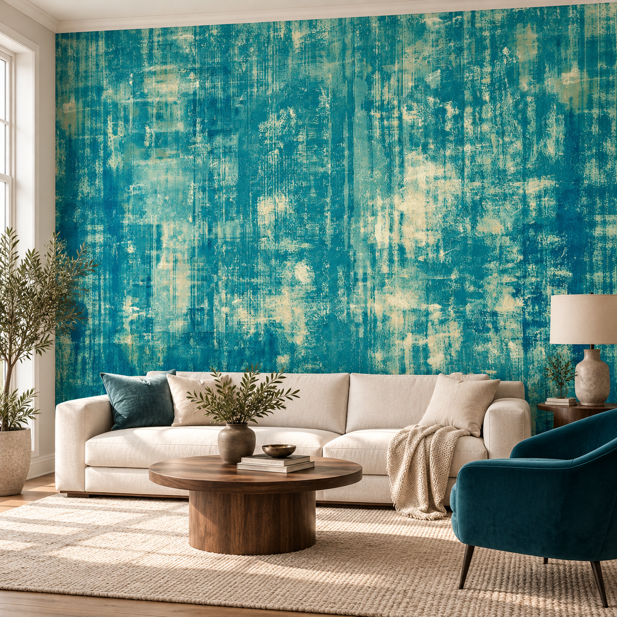 Teal Canvas, peel and stick wallpaper styled on a feature wall