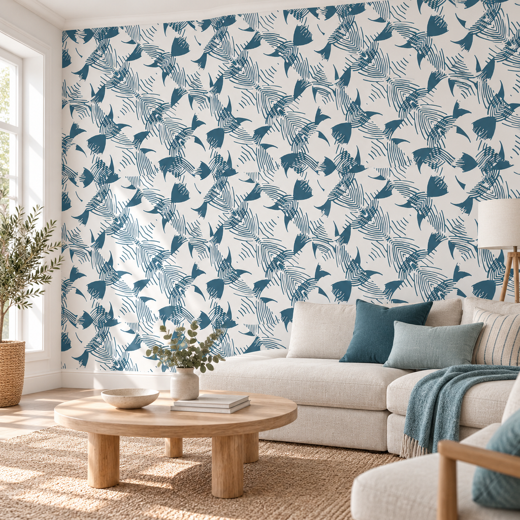 Teal Flight, peel and stick wallpaper styled on a feature wall