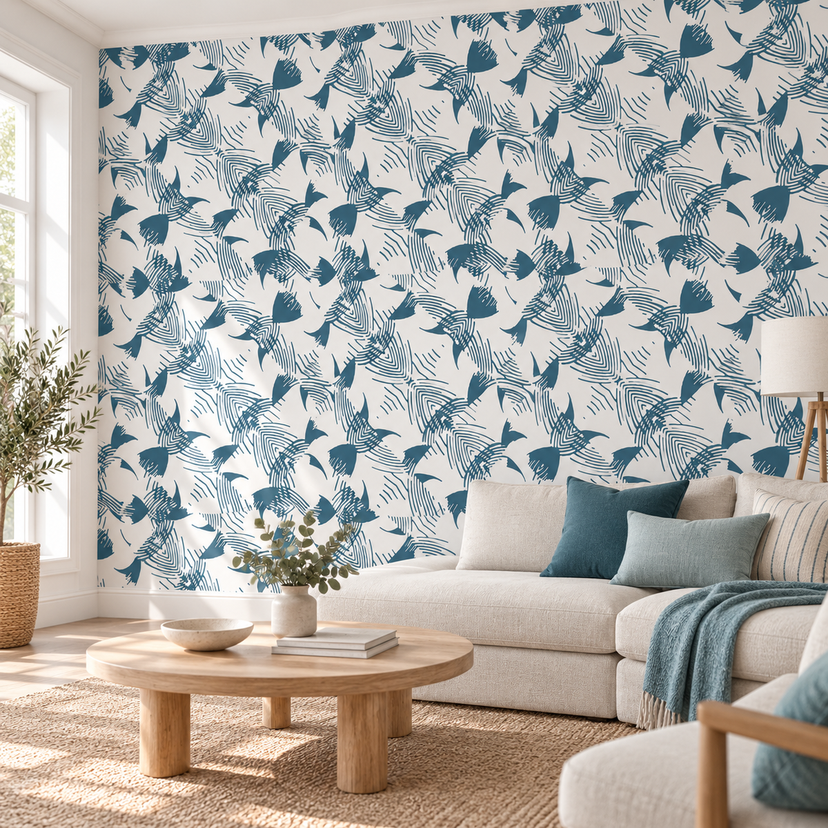Teal Flight, peel and stick wallpaper styled on a feature wall