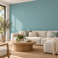 Teal Grid, peel and stick wallpaper styled on a feature wall