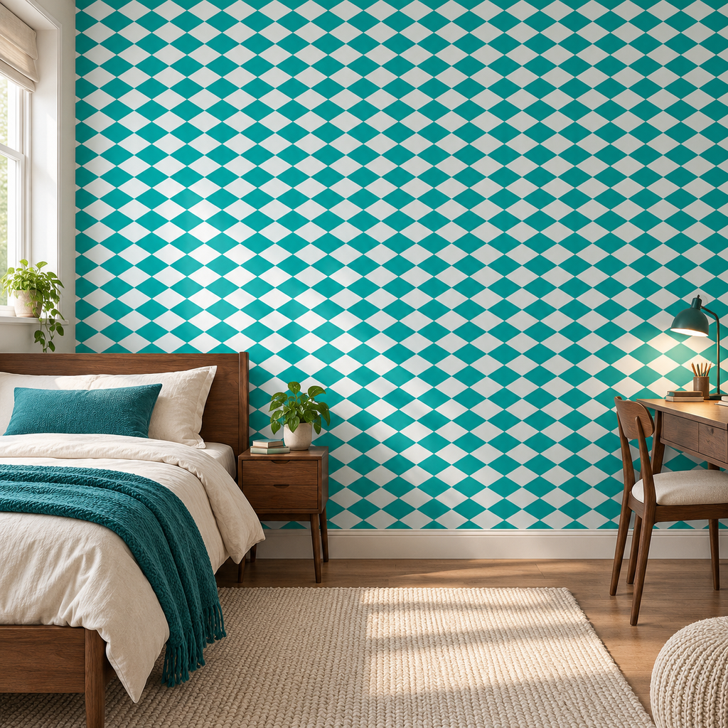 Teal Harlequin peel and stick wallpaper styled on a feature wall