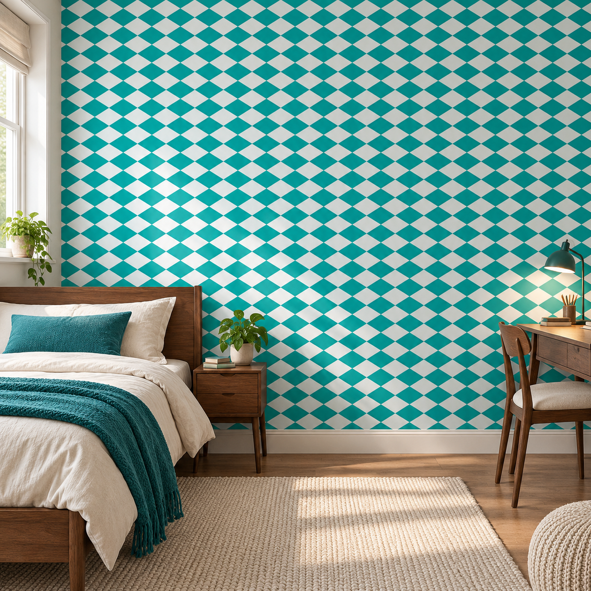 Teal Harlequin peel and stick wallpaper styled on a feature wall