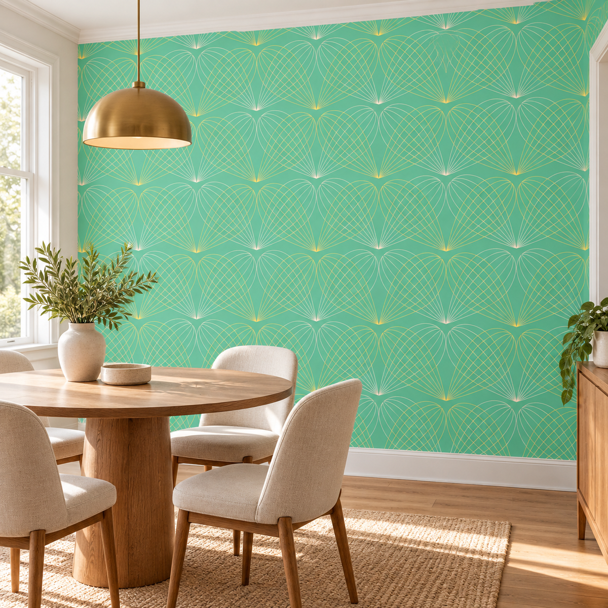 Teal Harmony, peel and stick wallpaper styled on a feature wall