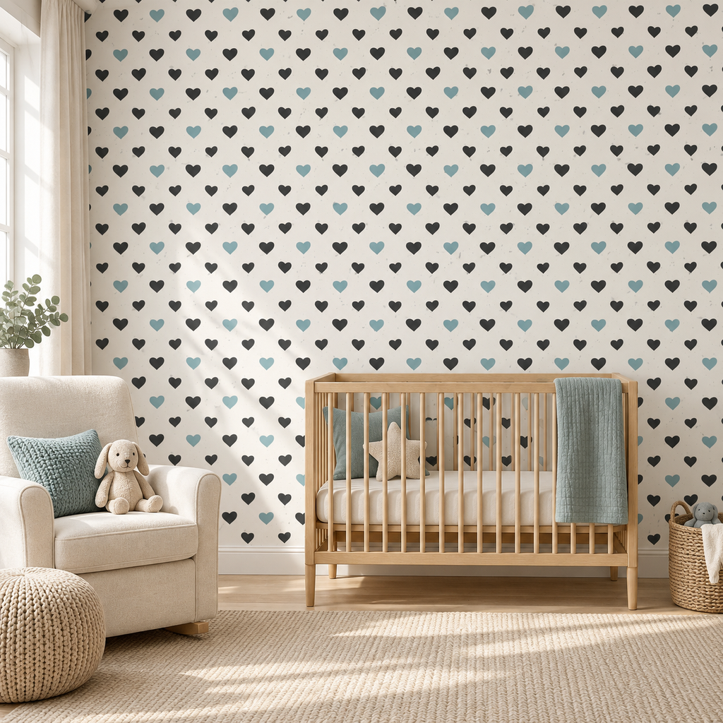 Teal Hearts peel and stick wallpaper styled on a feature wall