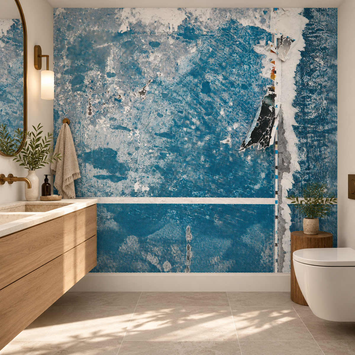 Teal Patina, peel and stick wallpaper styled on a feature wall