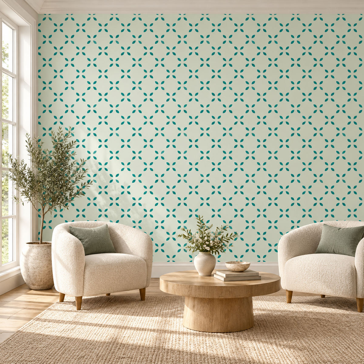 Teal Petals, peel and stick wallpaper styled on a feature wall