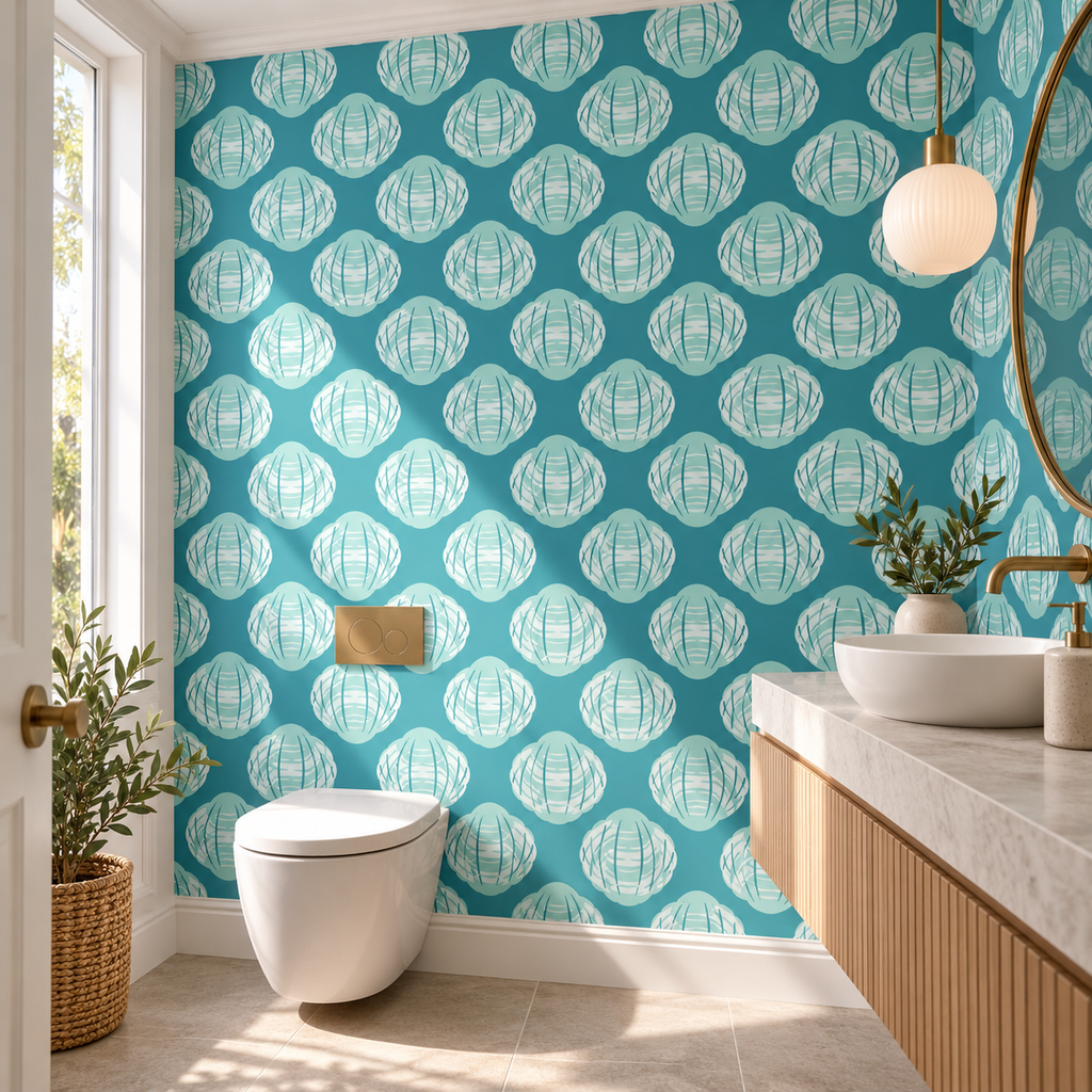 Teal Scallops, peel and stick wallpaper styled on a feature wall