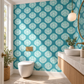 Teal Scallops, peel and stick wallpaper styled on a feature wall
