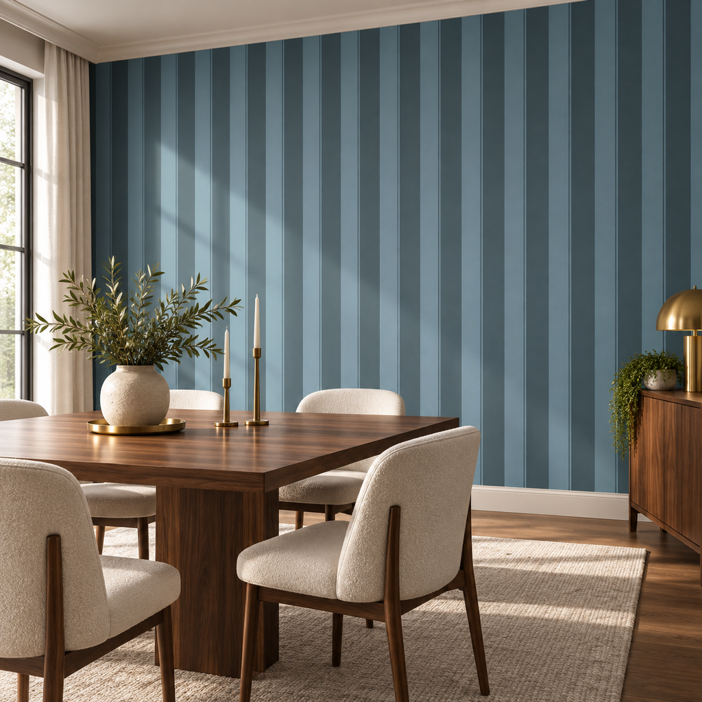 Teal Stripe, peel and stick wallpaper styled on a feature wall