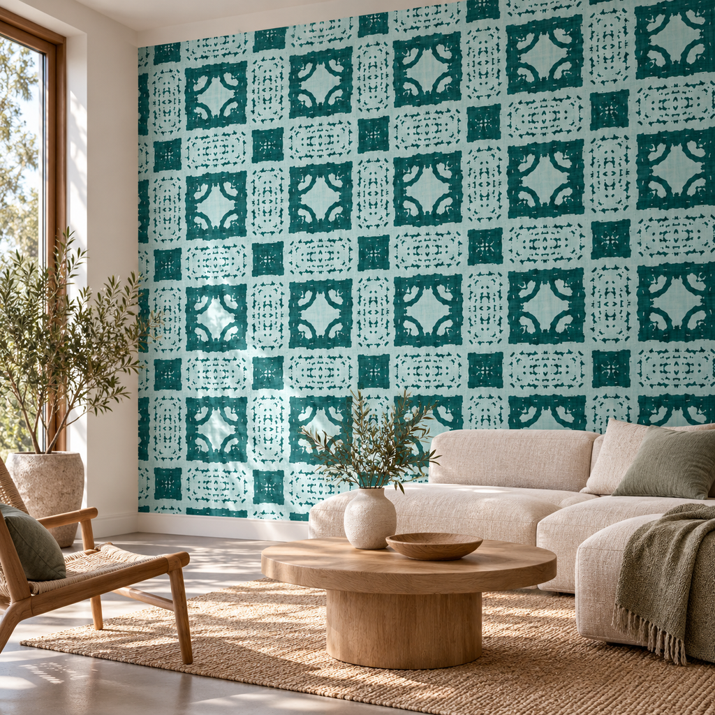 Teal Tiles, peel and stick wallpaper styled on a feature wall