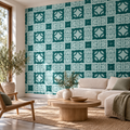Teal Tiles, peel and stick wallpaper styled on a feature wall