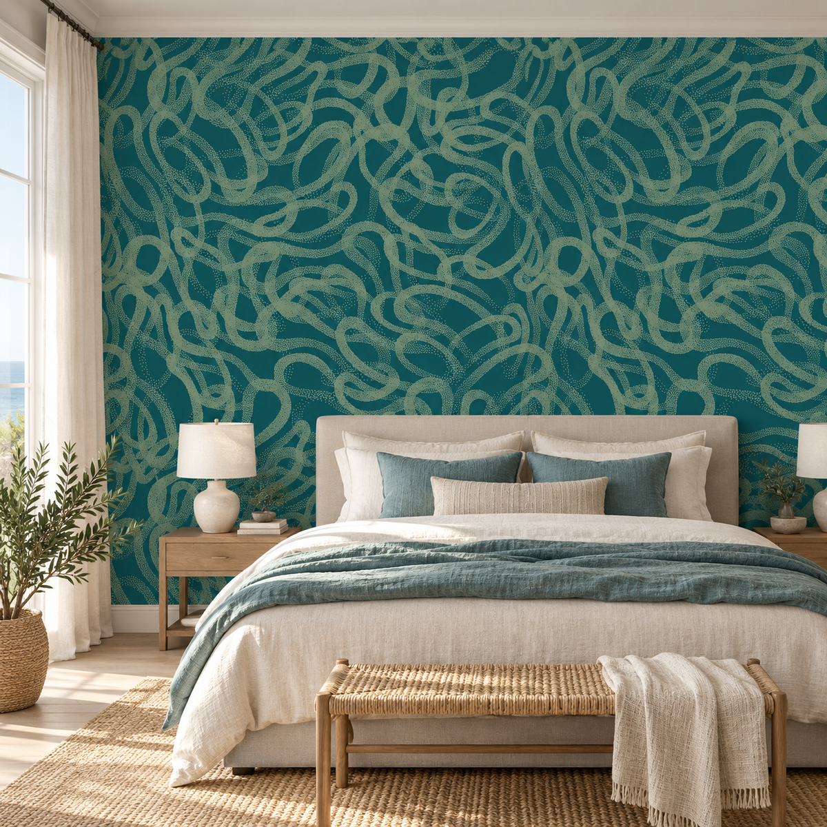 Teal Whispers, peel and stick wallpaper styled on a feature wall