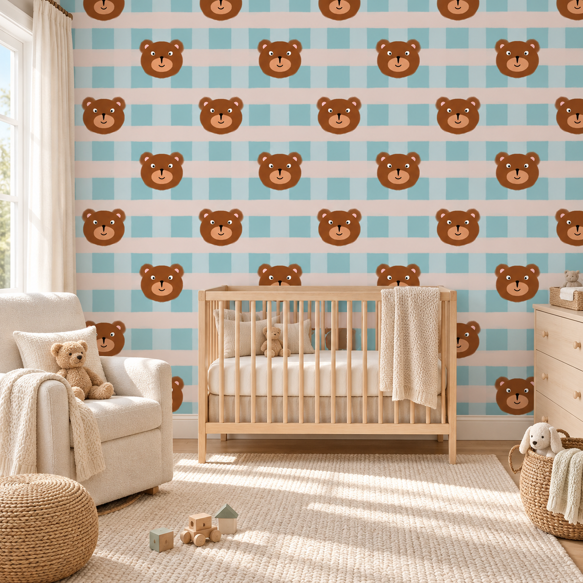 Teddy Checks peel and stick wallpaper styled on a feature wall