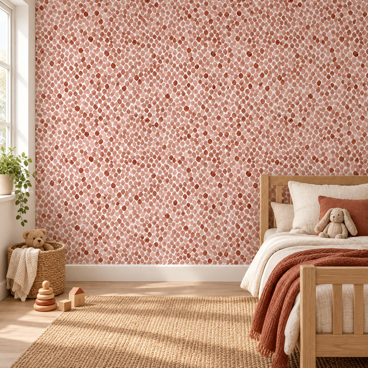 Terra Pebbles peel and stick wallpaper styled on a feature wall