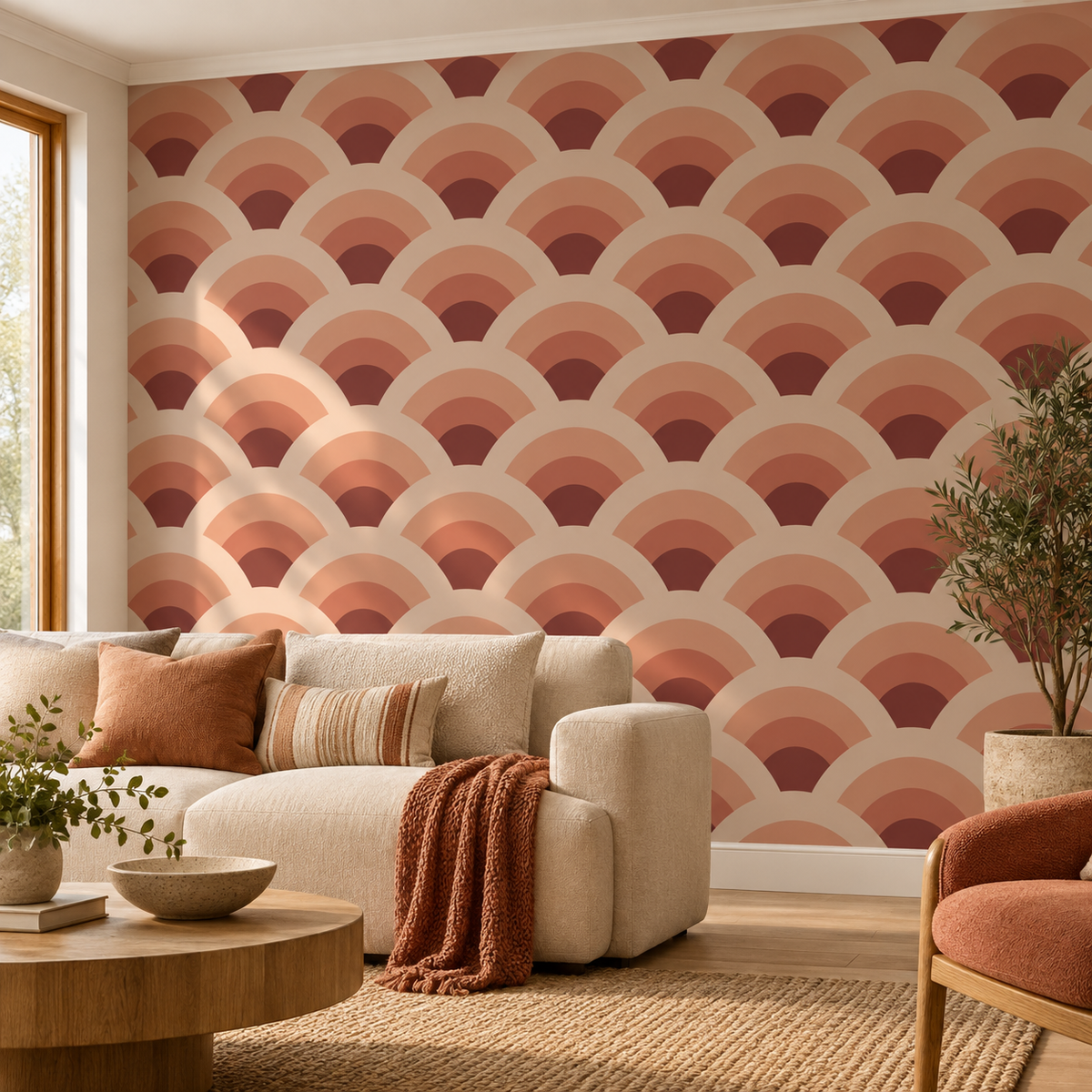 Terracotta Fans, peel and stick wallpaper styled on a feature wall