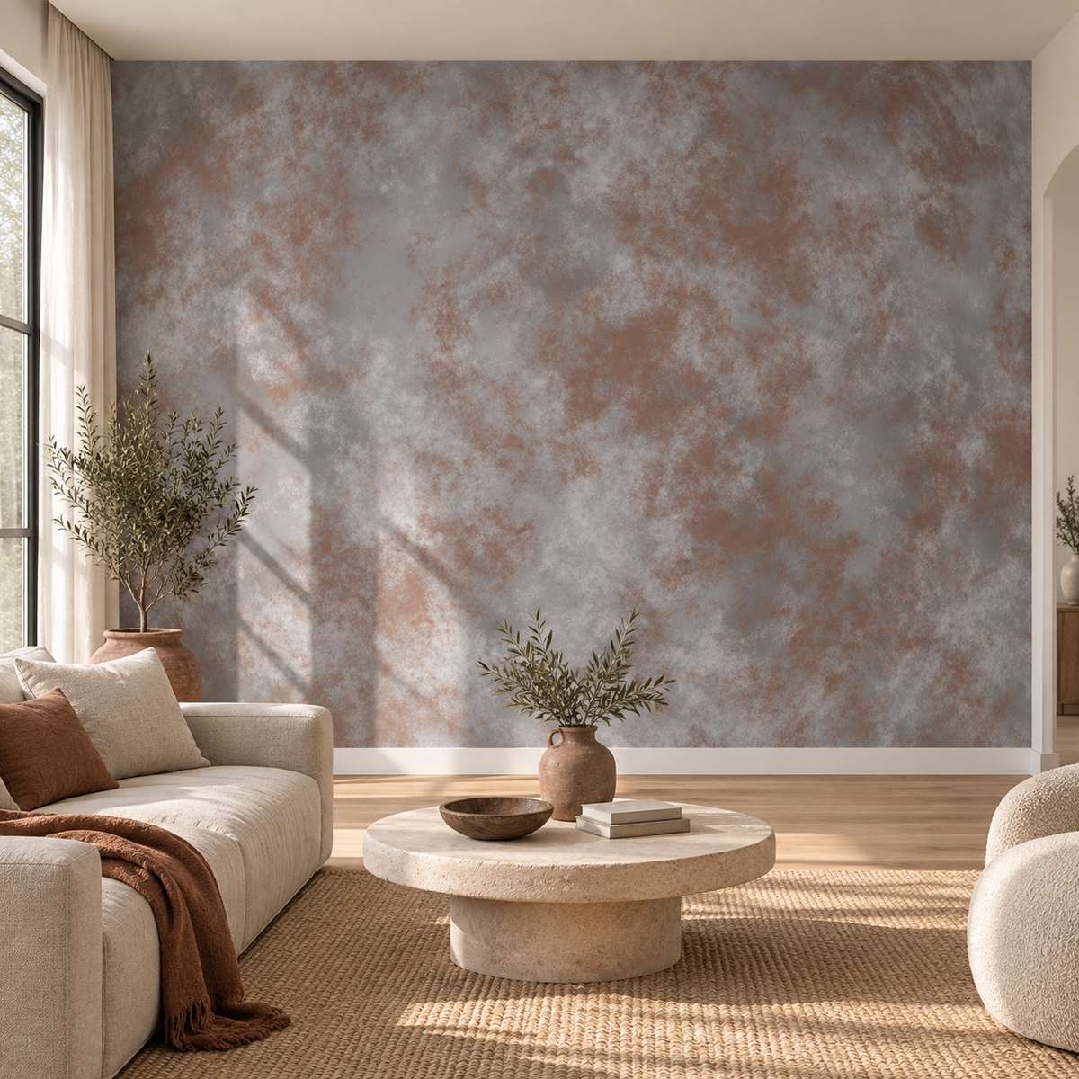 Terracotta Wash, peel and stick wallpaper styled on a feature wall