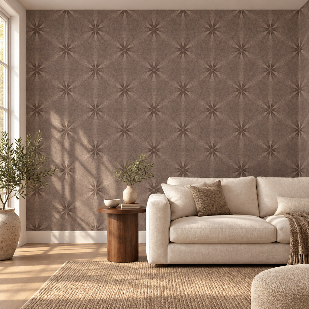Textile Starburst, peel and stick wallpaper styled on a feature wall