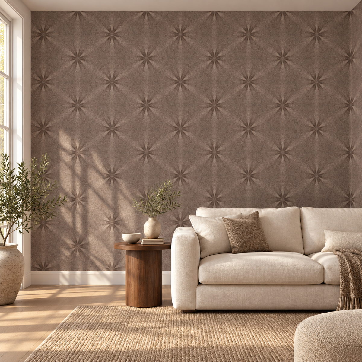 Textile Starburst, peel and stick wallpaper styled on a feature wall