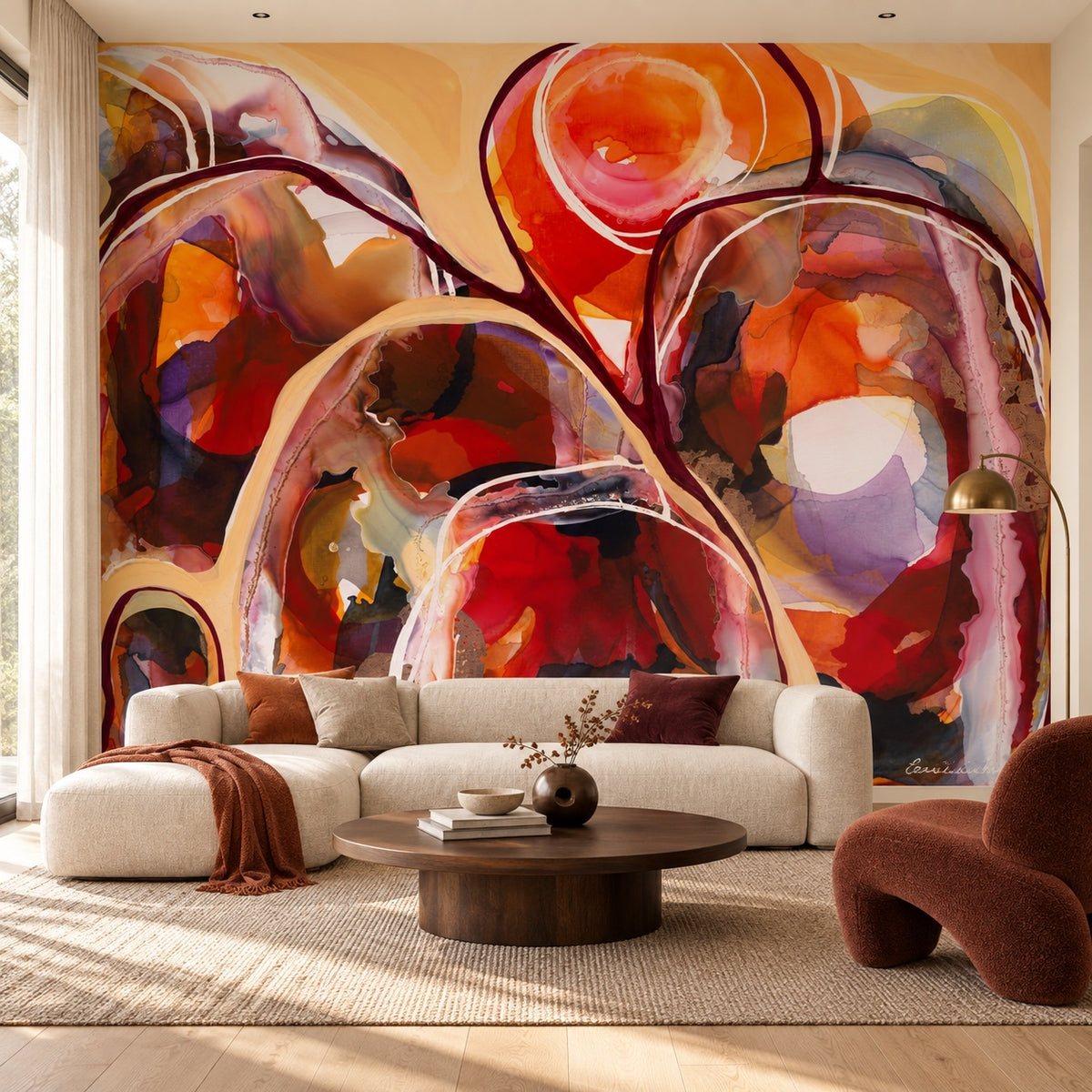 The Lost City mural by Lara Scolari, peel and stick wallpaper styled in a room