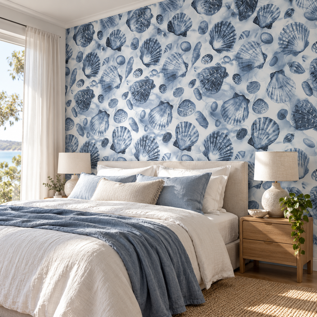 Tidal Shells, peel and stick wallpaper styled on a feature wall