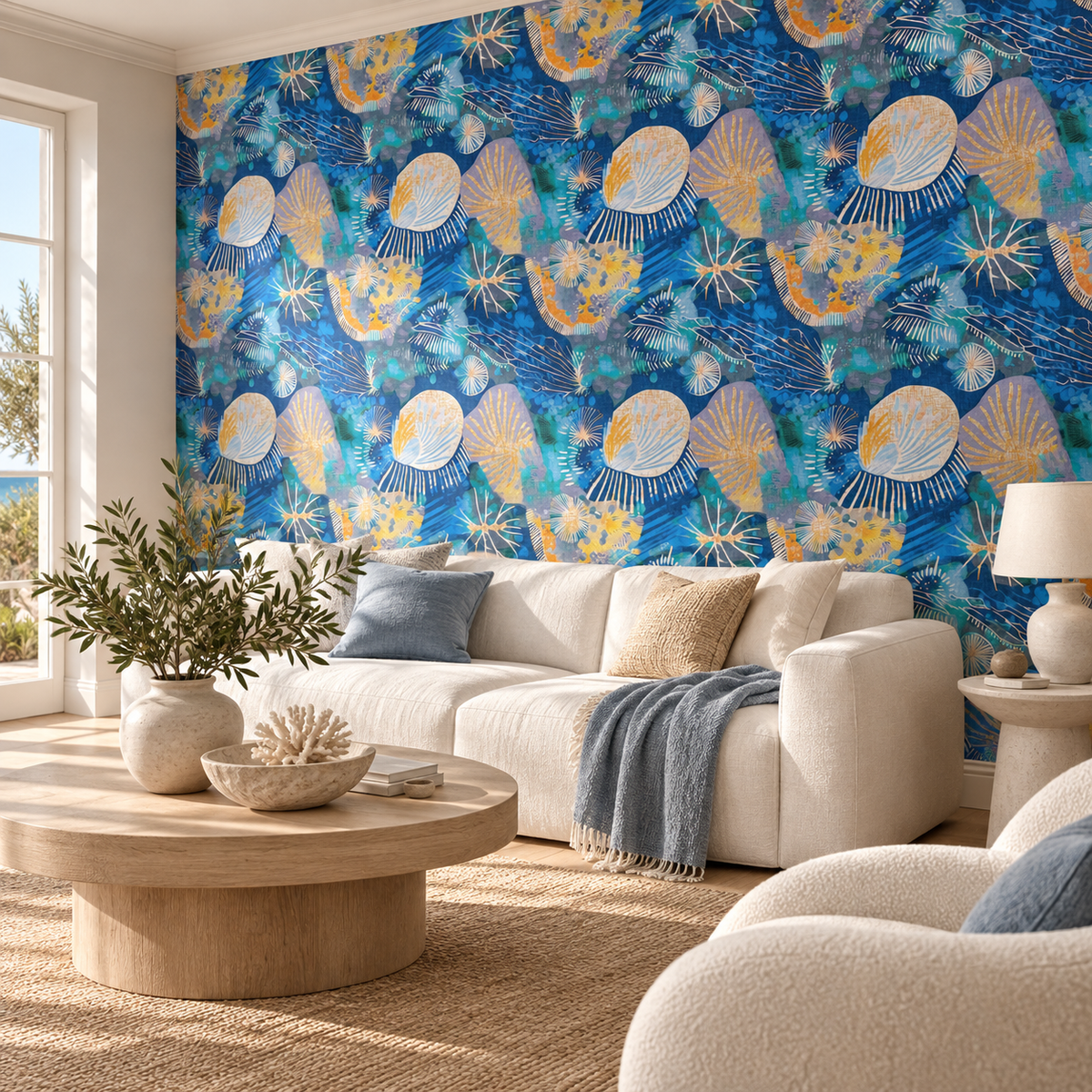Tide Shells, peel and stick wallpaper styled on a feature wall