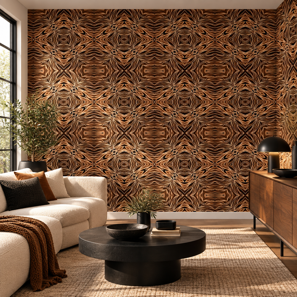 Tigerwood, peel and stick wallpaper styled on a feature wall