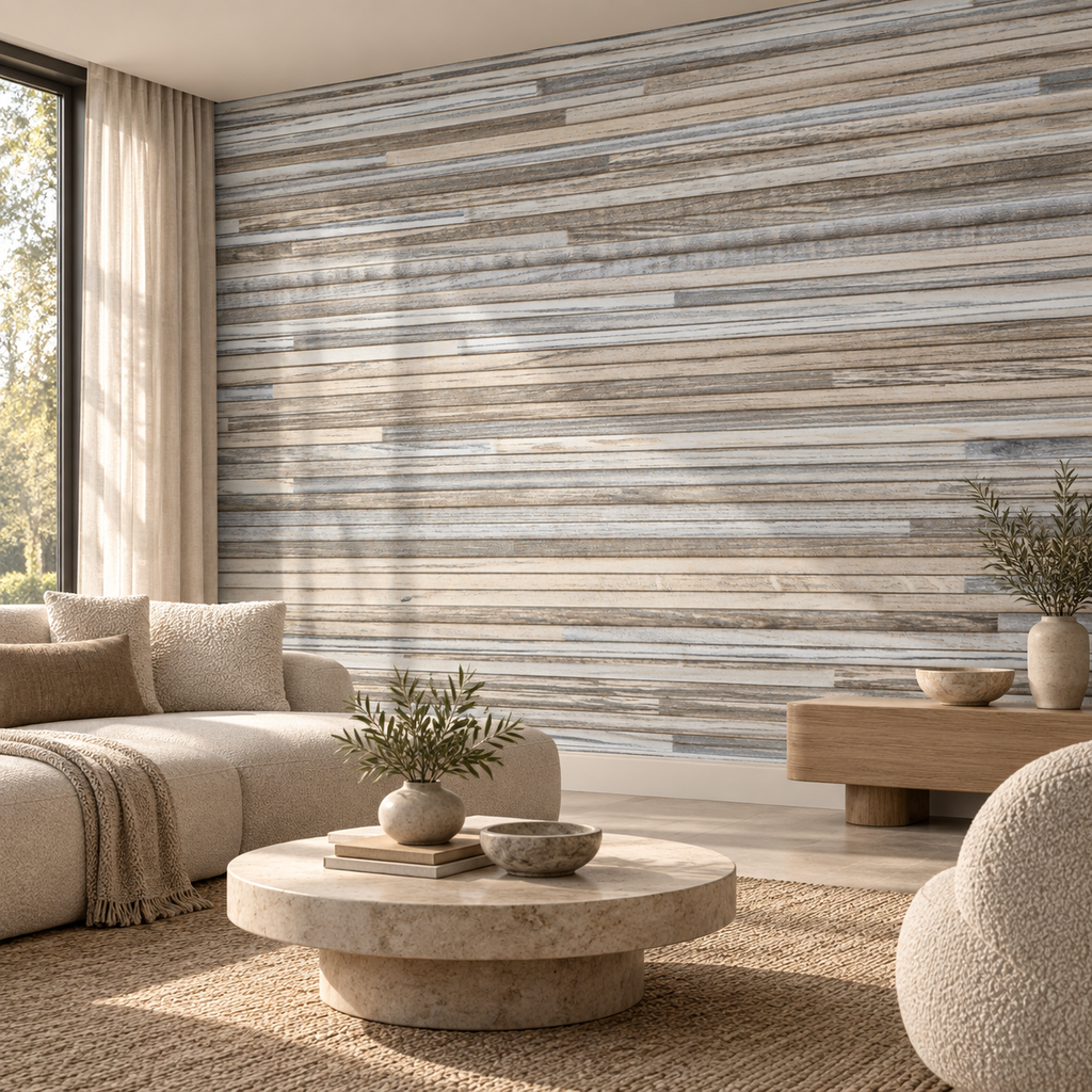 Timber Lines, peel and stick wallpaper styled on a feature wall
