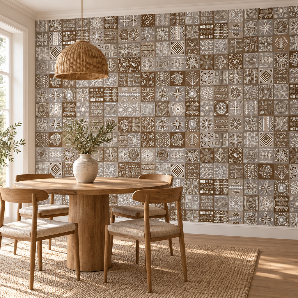 Tribal Patchwork, peel and stick wallpaper styled on a feature wall