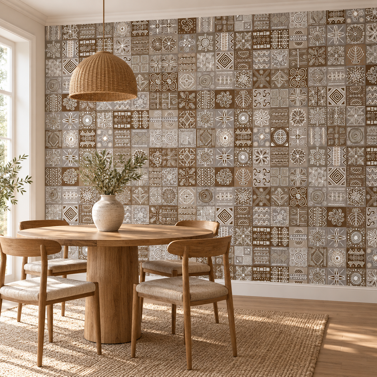 Tribal Patchwork, peel and stick wallpaper styled on a feature wall