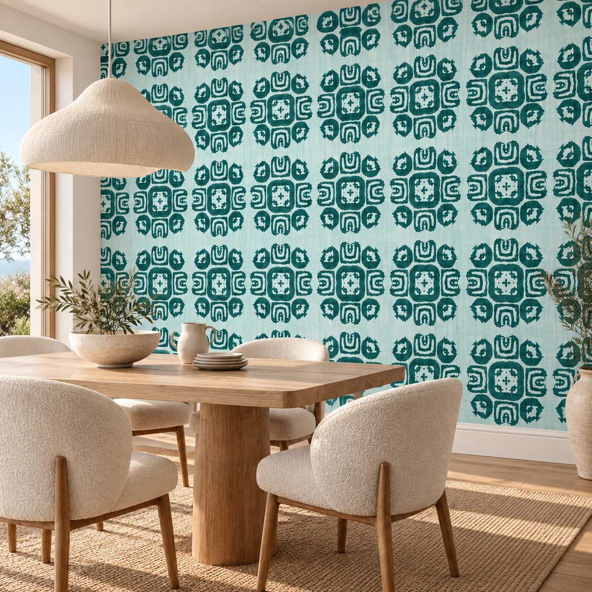 Tribal Tiles, peel and stick wallpaper styled on a feature wall
