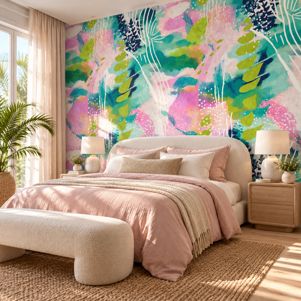 Tropical Blush, peel and stick wallpaper styled on a feature wall