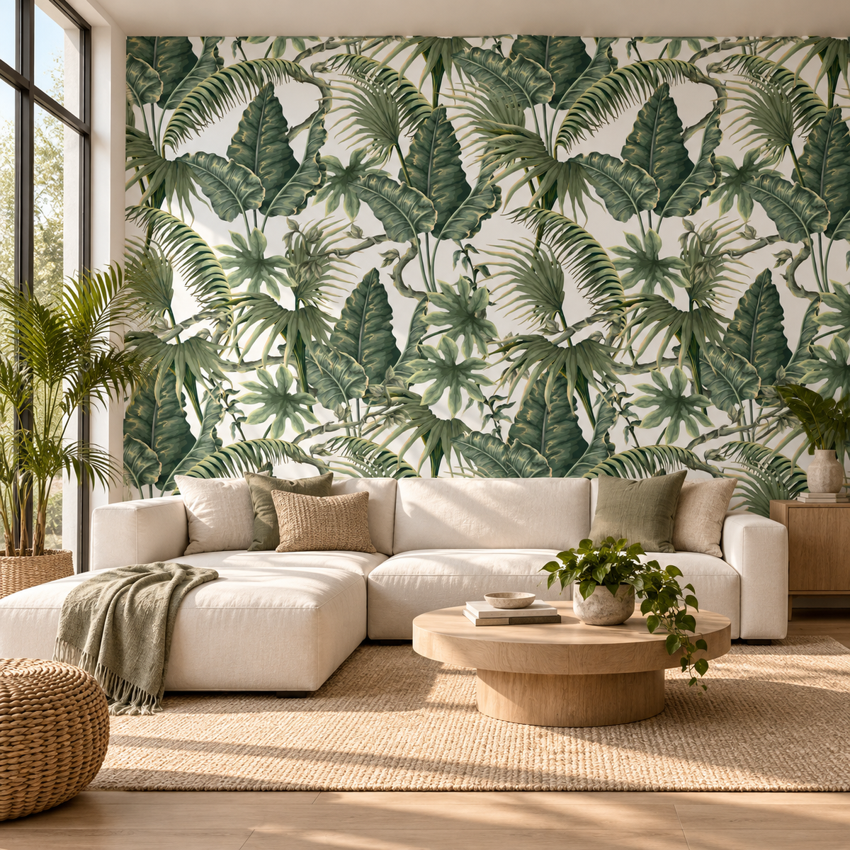 Tropical Canopy, peel and stick wallpaper styled on a feature wall