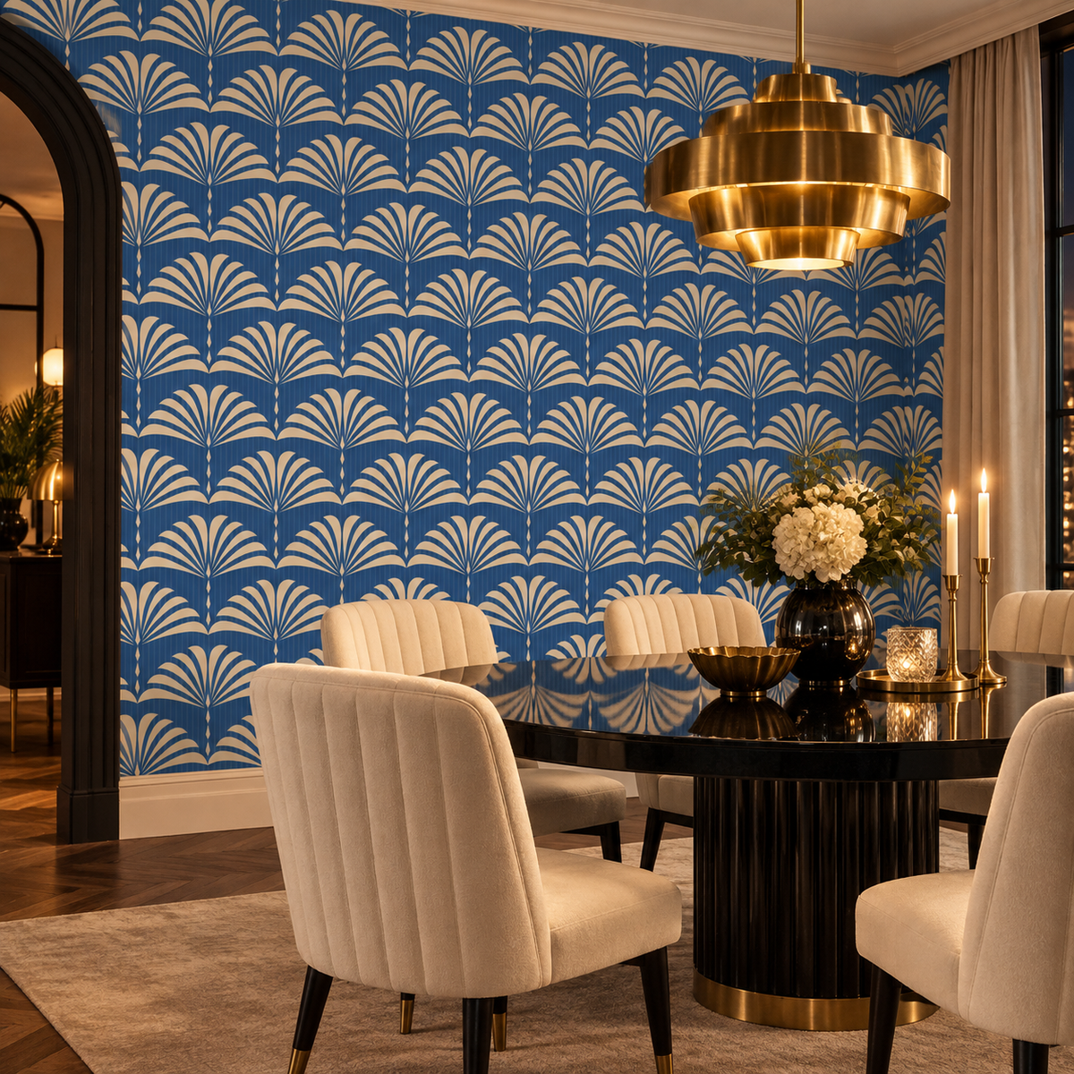 Deco Palms peel and stick wallpaper styled on a feature wall