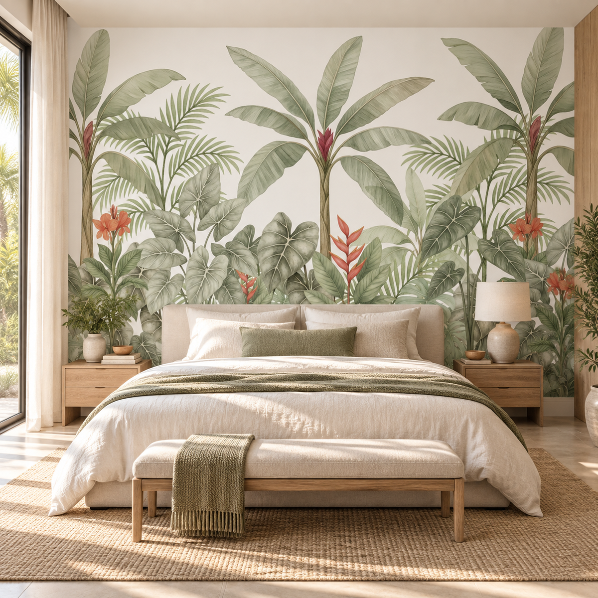 Tropical Harmony, peel and stick wallpaper styled on a feature wall