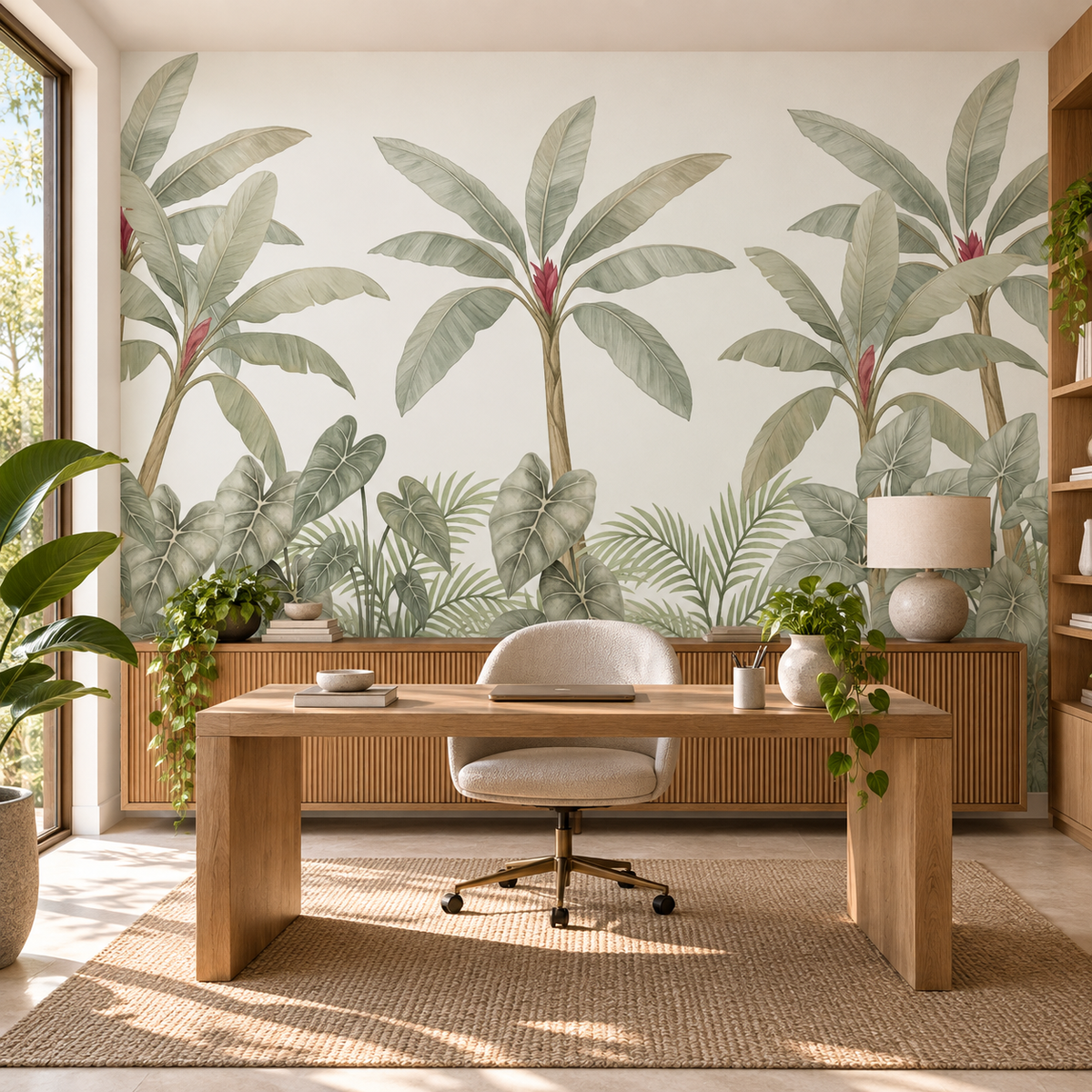 Tropical Panels, peel and stick wallpaper styled on a feature wall