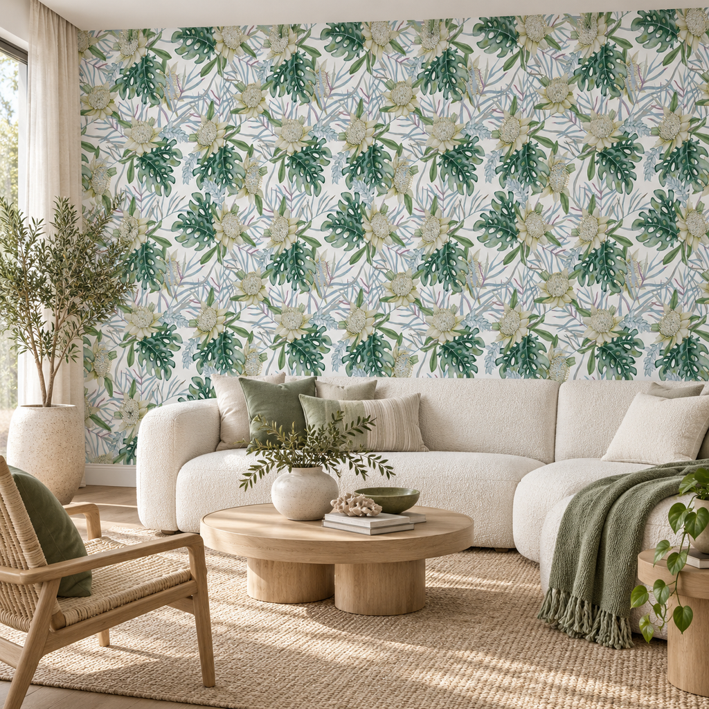 Tropical Protea peel and stick wallpaper styled in a living room