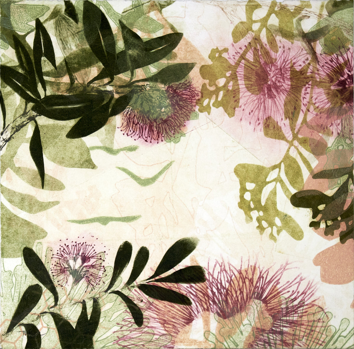 Golden Hour mural by Trudy Rice — eucalyptus and pink gum blossom on a warm cream ground