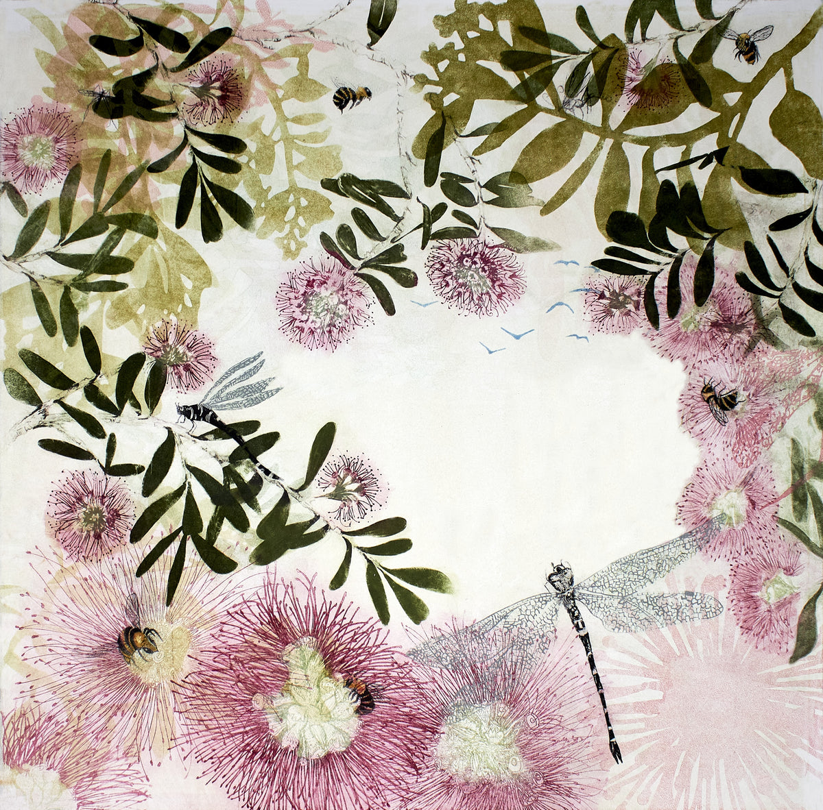 The Gentle Pause mural by Trudy Rice — pink gum blossom, bees and dragonflies on a soft cream ground